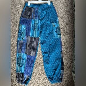 Blue Geometric Track Pants with Elastic Waist